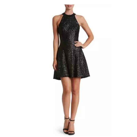 Dress The Population Annie Black Sequined Halter A-Line Mini Dress Size Small - Picture 1 of 12